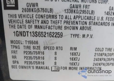 2005 Chevrolet Trailblazer Ls z USA, uszkodzony, nr VIN 1GNDT13S652162259